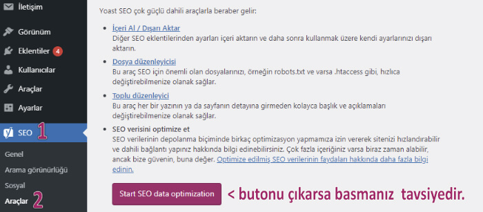 Yoast seo araçlar ayarları